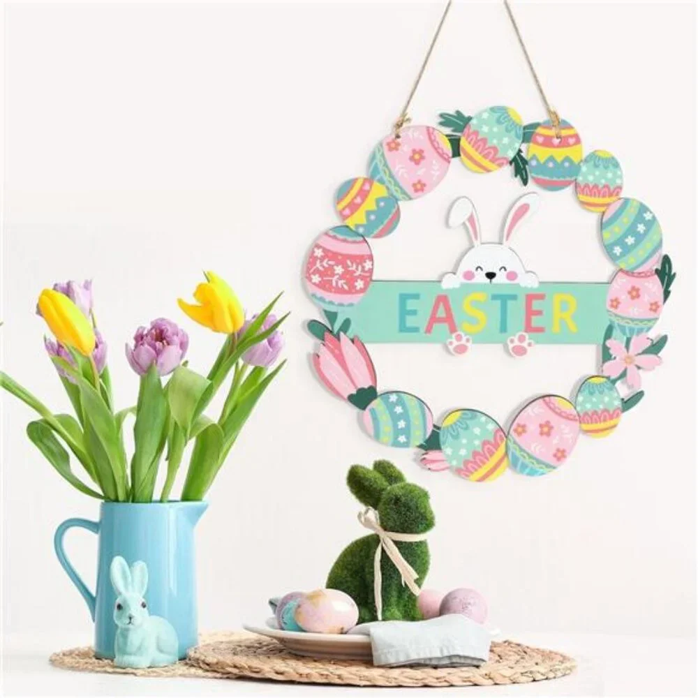 Easter Wreaths for Front Door Colorful Eggs Happy Bunny Easter Welcome Sign